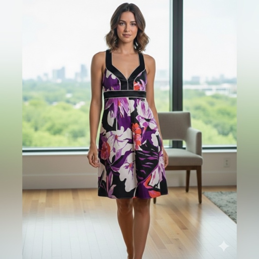 Vtg Banana Republic Petites 8 Black Purple Floral 100% Silk Mini Dress 8P